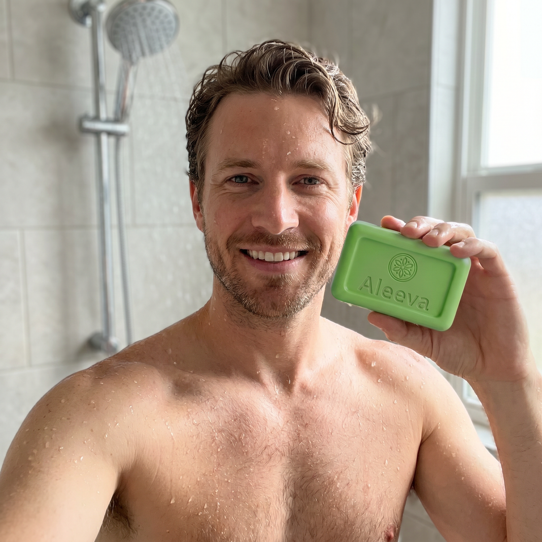 Man using Aleeva soap in the shower